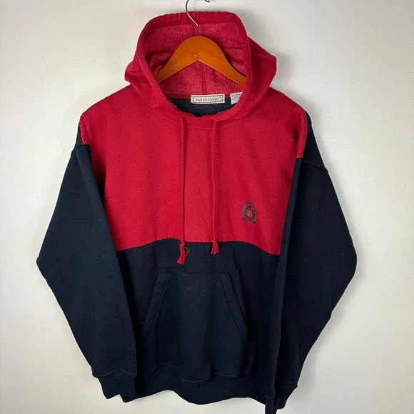Vintage Bugle Boy Company Hoodie Red Black Color Block Crest Pullover Mens - Picture 2 of 5